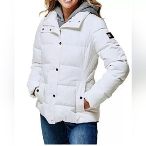 CRISPY NEW Tommy Hilfiger Women M White Puffer Thick Snow Jacket Removable Hood